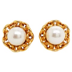 Akoya Pearl Custom Chain Link Earring Studs, Screw On Posts, 14 Karat Gold