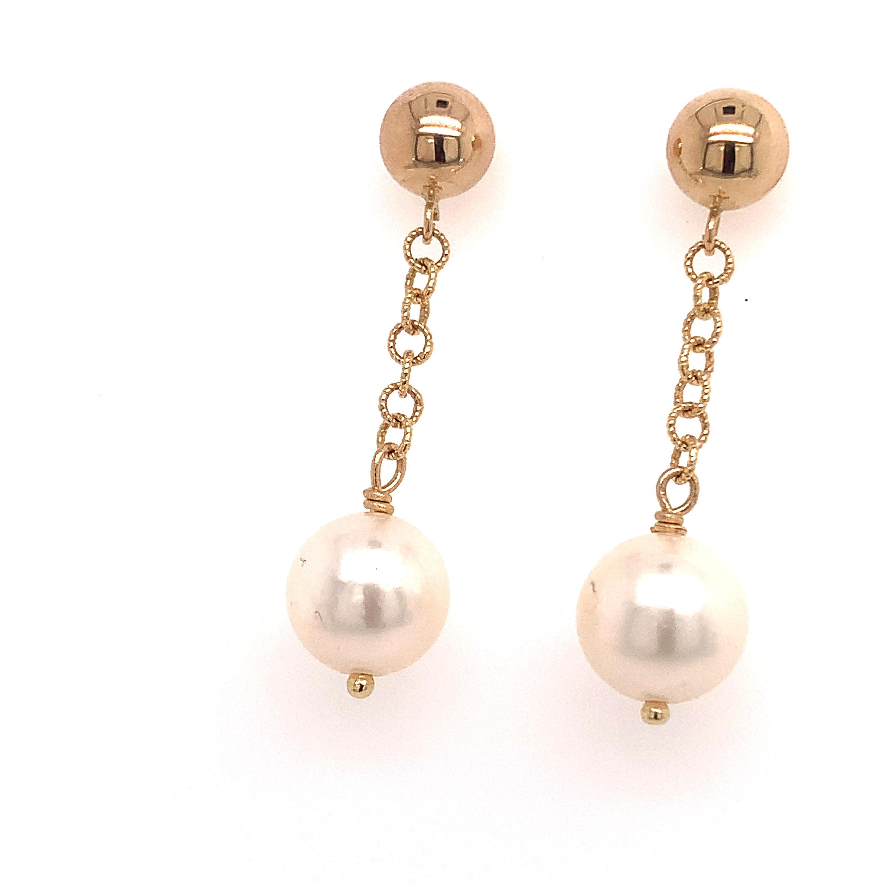 Round Cut Akoya Pearl Dangle Earrings 14k Gold Certified For Sale