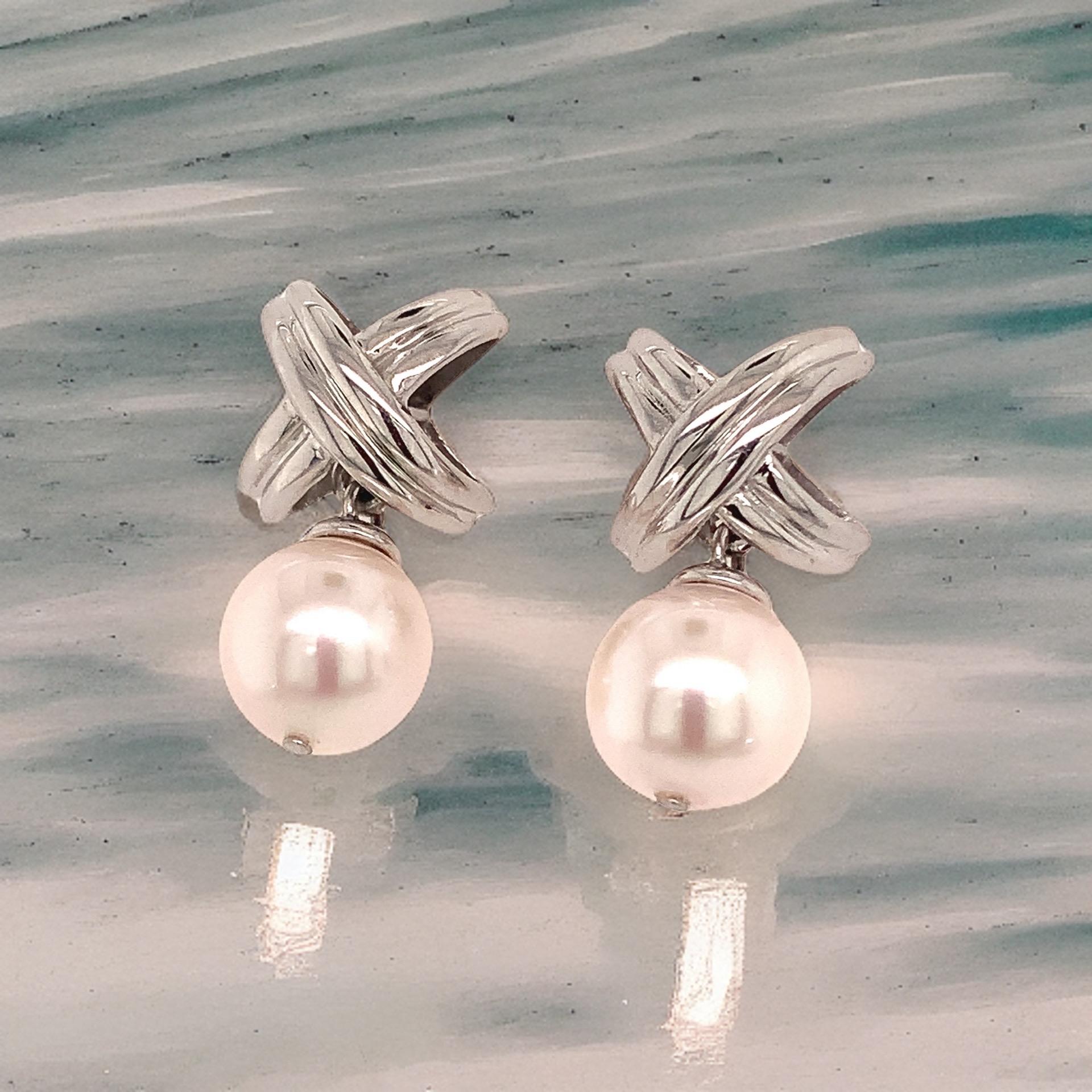 Round Cut Akoya Pearl Dangle Earrings 14k Gold Certified For Sale