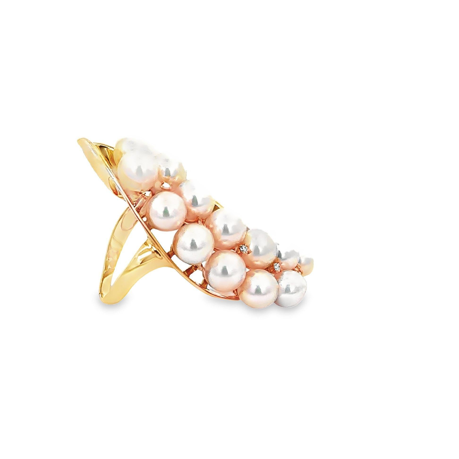 Ball Cut Akoya Pearl Diamond 18k Yellow Gold Textured Cocktail Ring For Sale