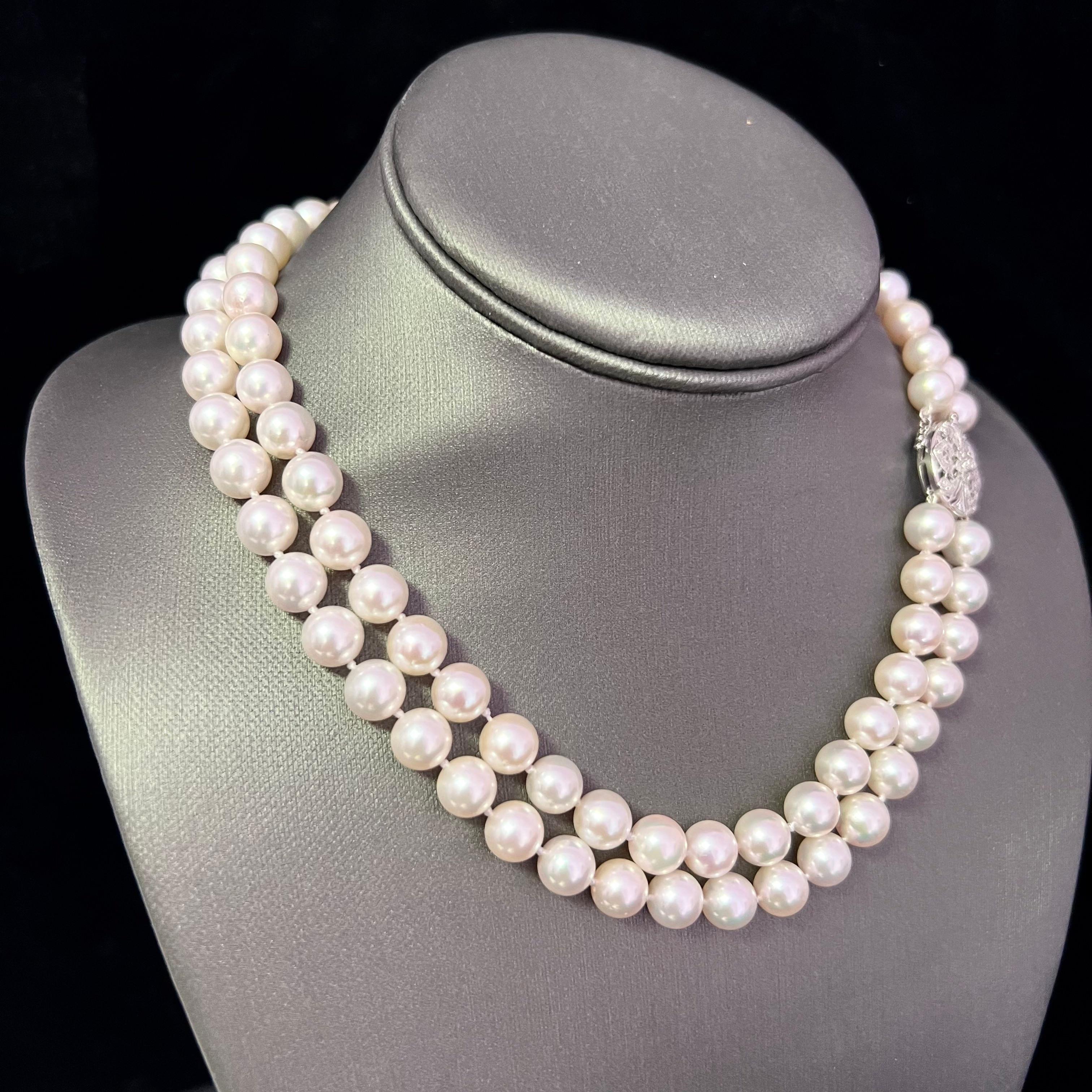 Fine Quality Akoya Pearl Diamond Double Strand Gold Necklace 8.5 mm 17.25