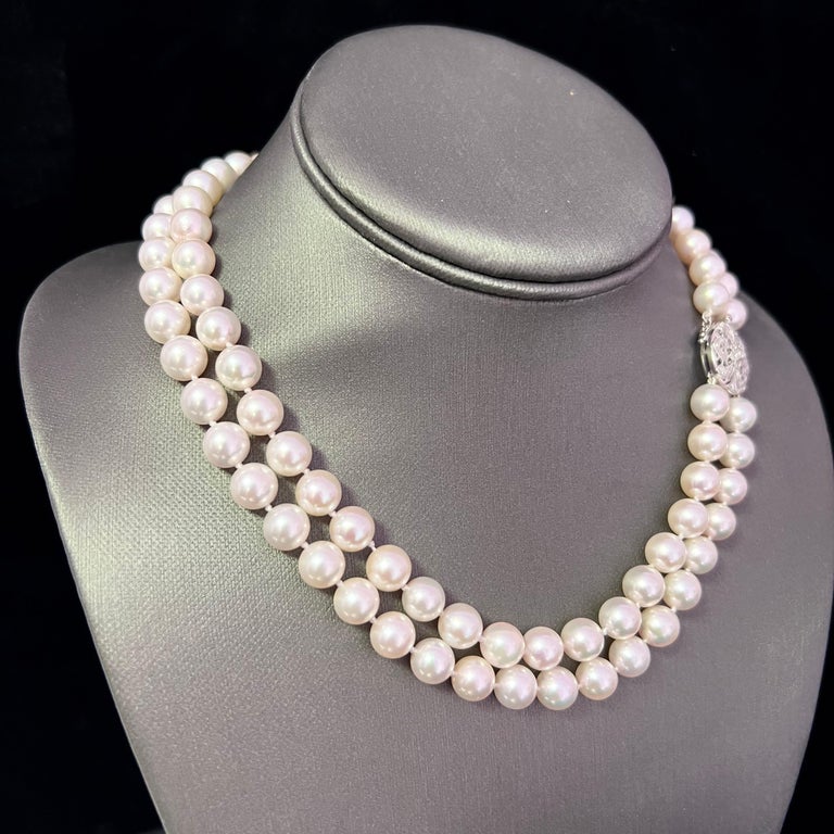 Akoya Pearl Diamond 2Strand Gold Necklace 8.5 mm 17.25" Certified at