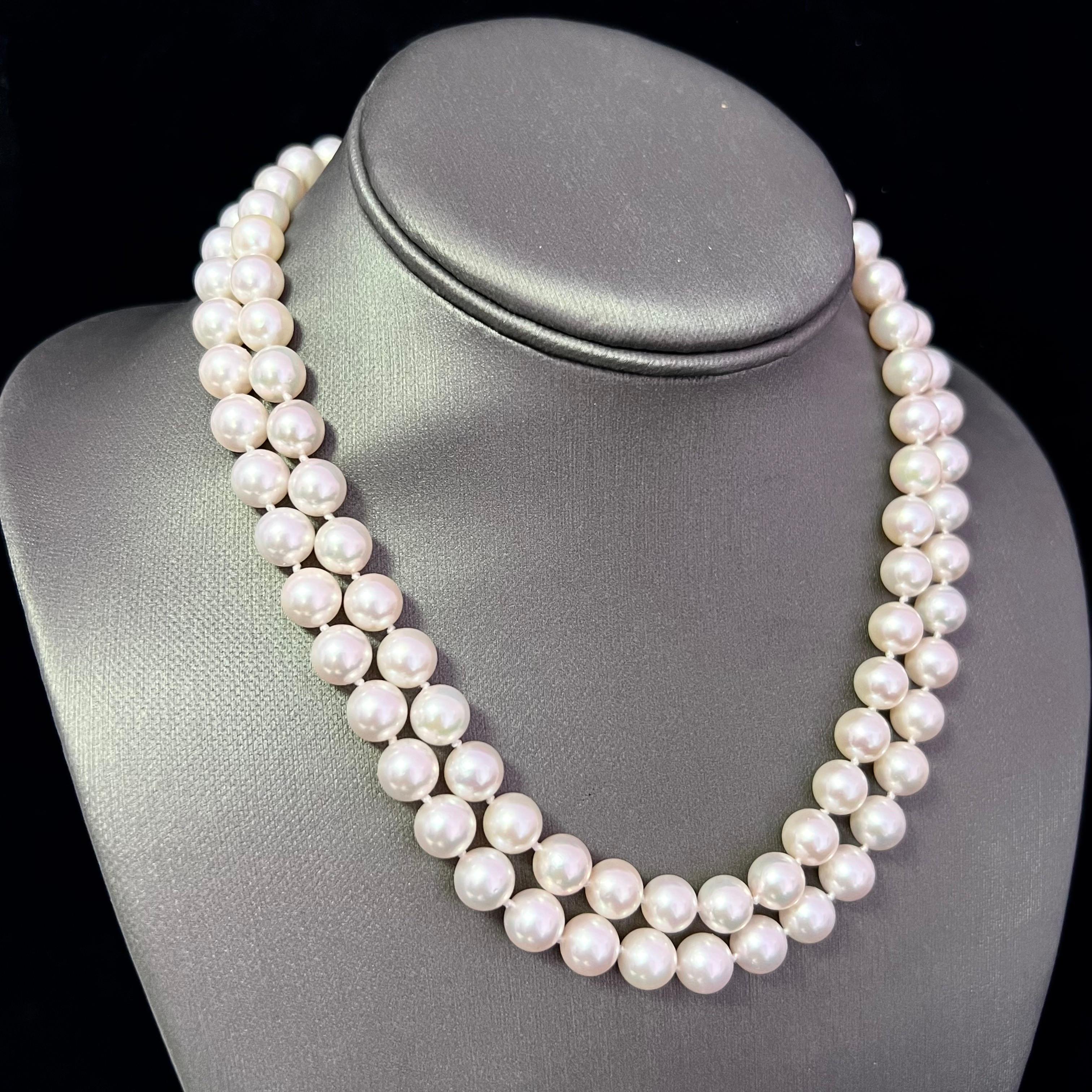 Women's Akoya Pearl Diamond 2-Strand Gold Necklace 8.5 mm 17.25