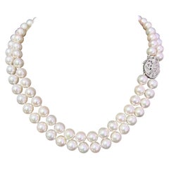 Akoya Pearl Diamond 2-Strand Gold Necklace 8.5 mm 17.25" Certified