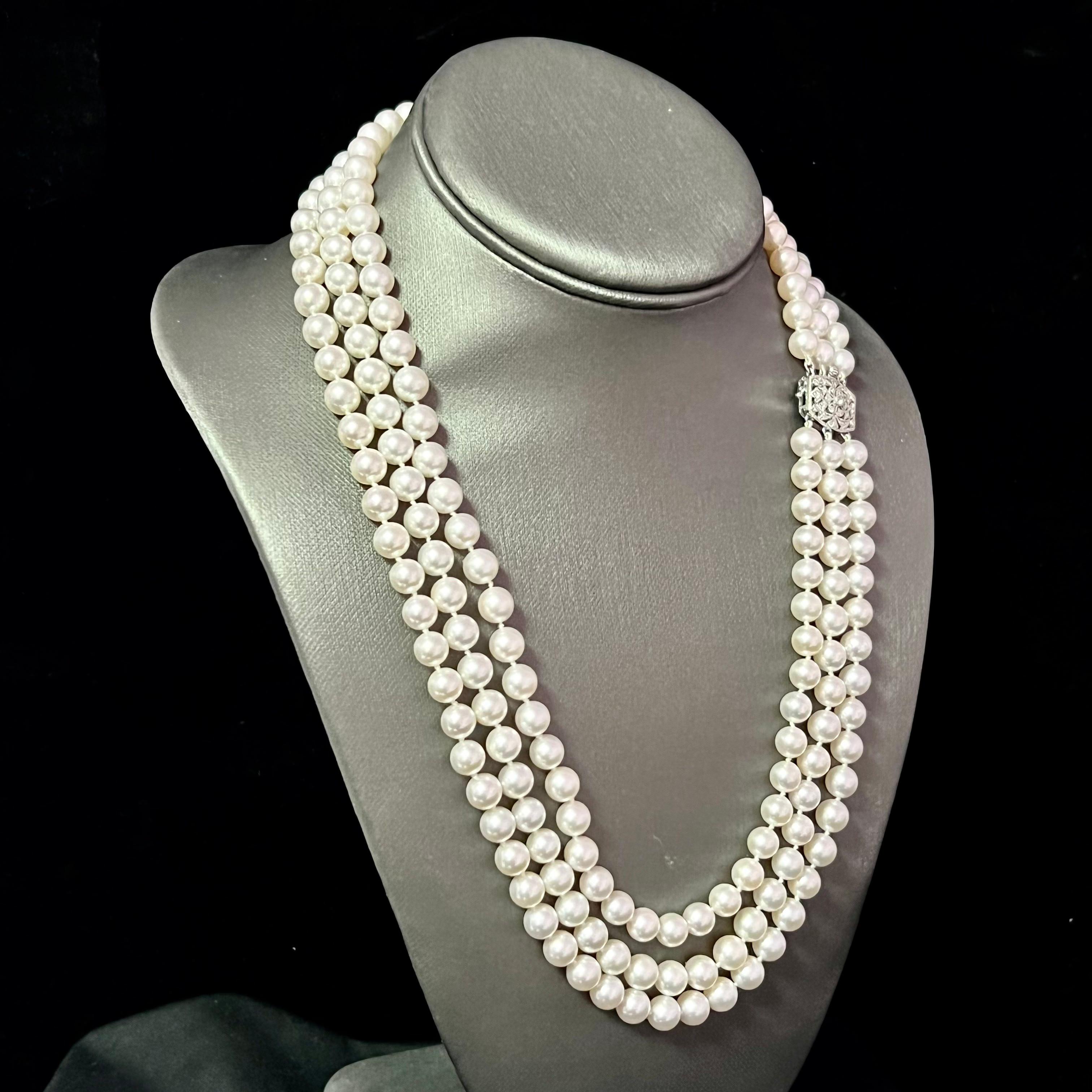 Fine Quality Akoya Pearl Diamond Triple-Strand Gold Necklace 7.5 mm 22.75