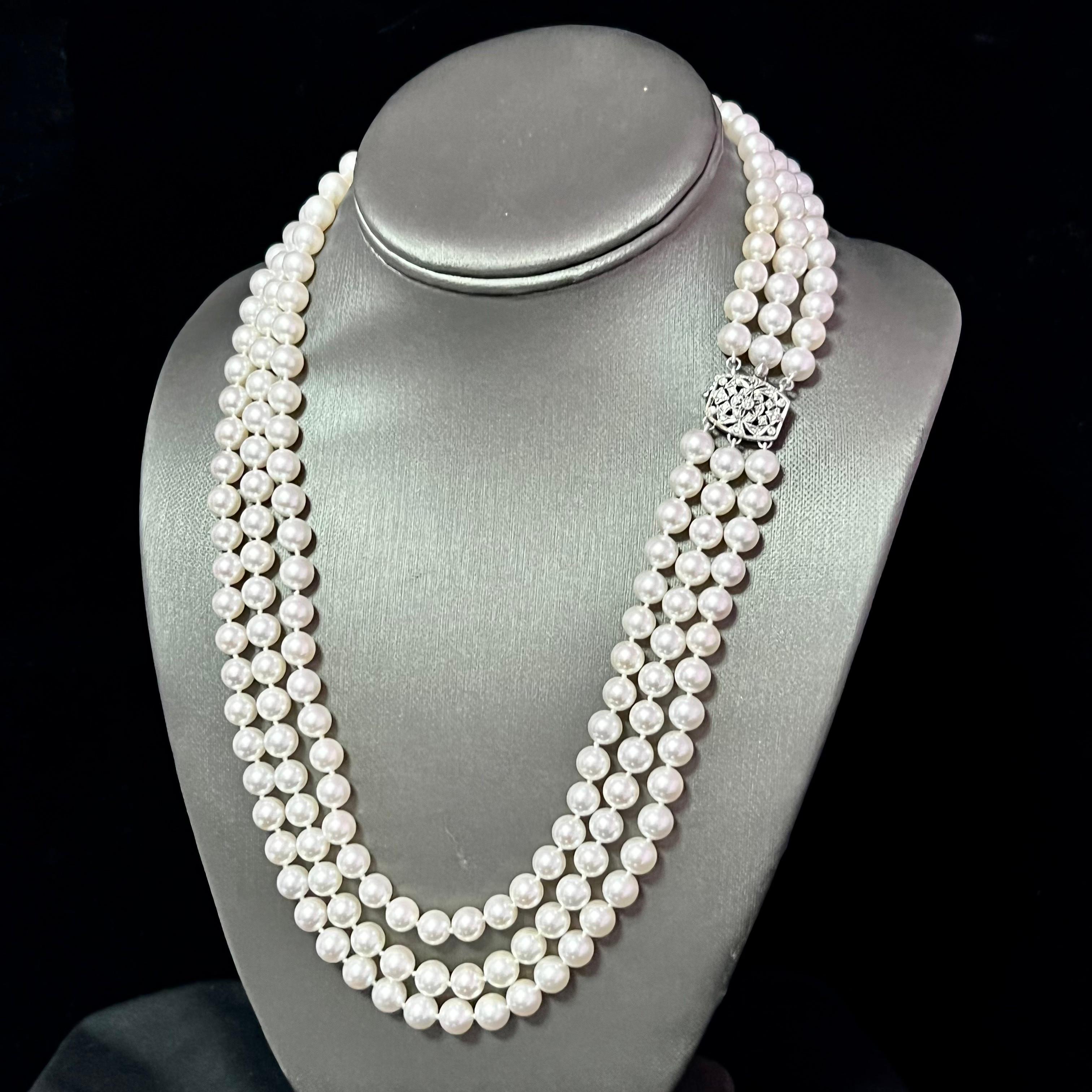 Round Cut Akoya Pearl Diamond 3-Strand Gold Necklace 7.5 mm Certified