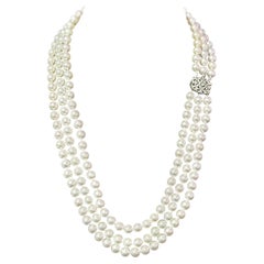 Akoya Pearl Diamond 3-Strand Gold Necklace 7.5 mm Certified