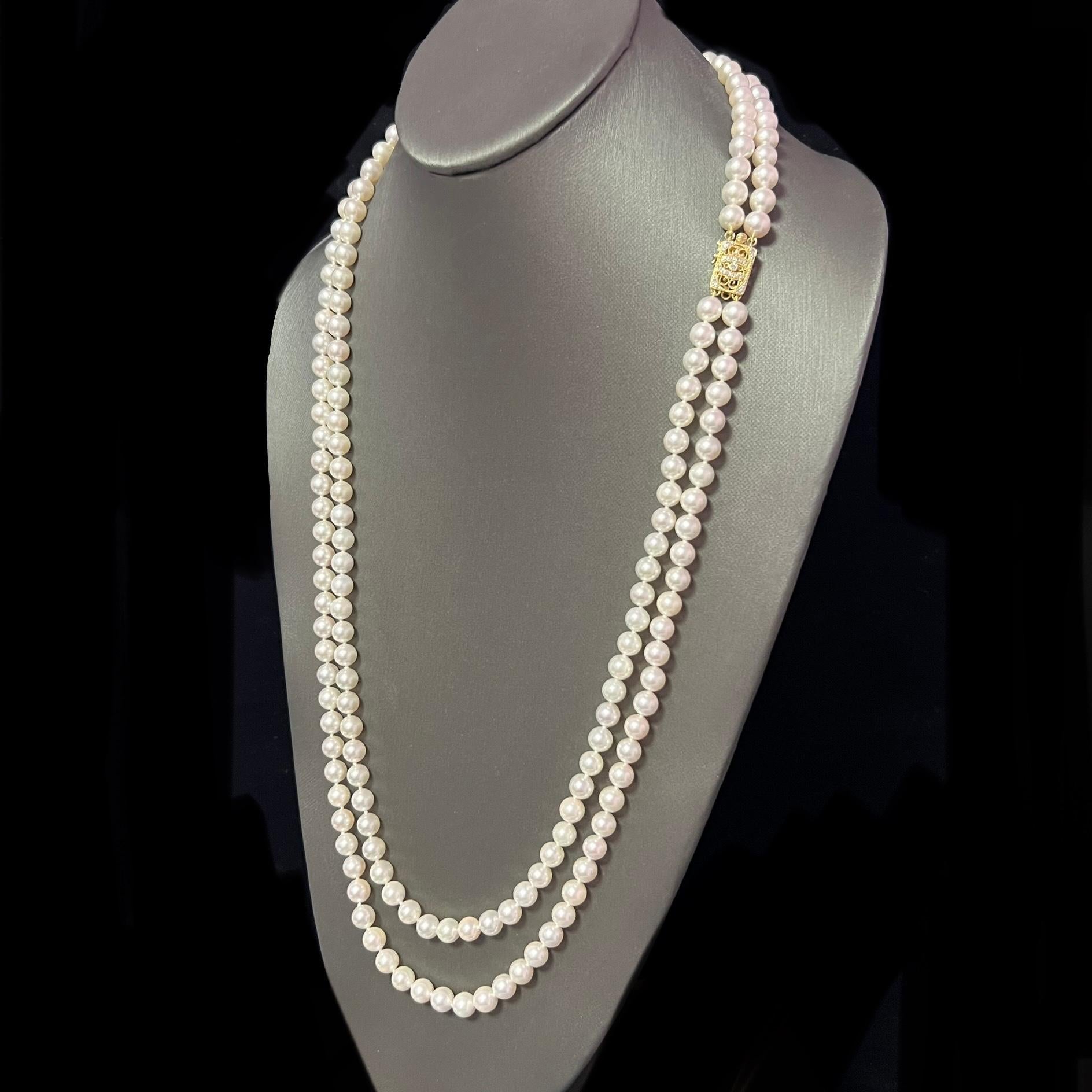Akoya Pearl Diamond Double Stranded Necklace 14k Y Gold Certified In Good Condition For Sale In Brooklyn, NY