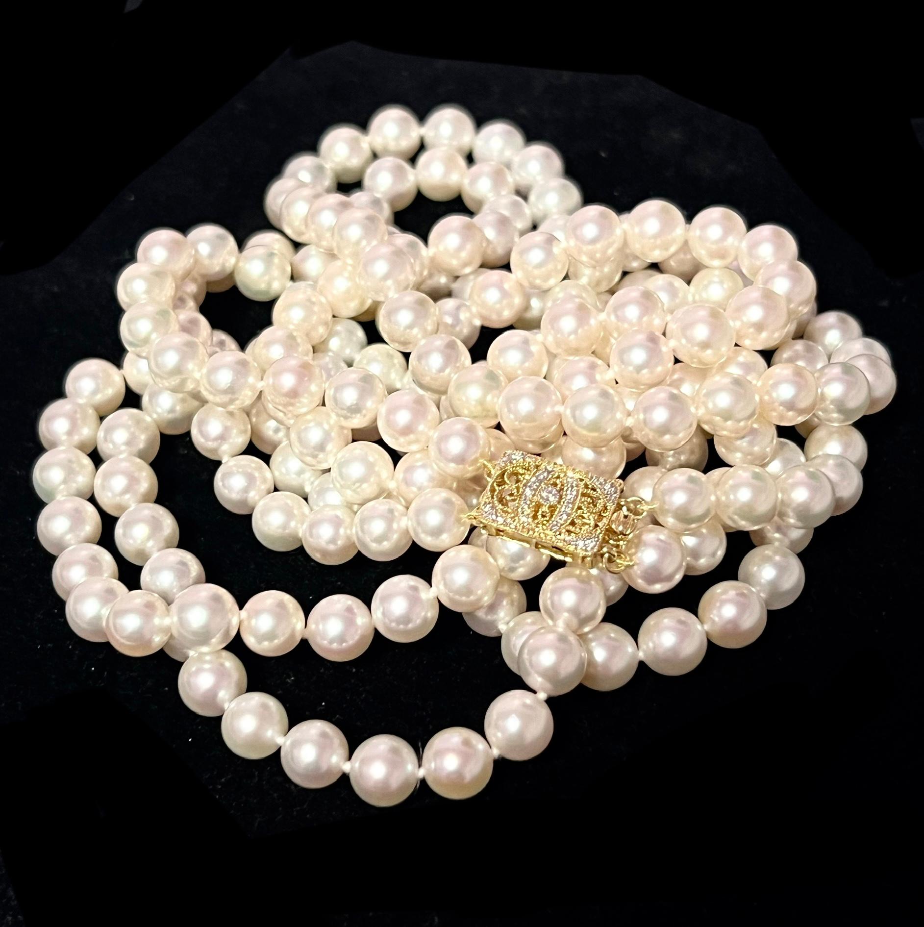Collana a doppio filo con perle Akoya e diamanti in oro 14k Y certificato in vendita 1