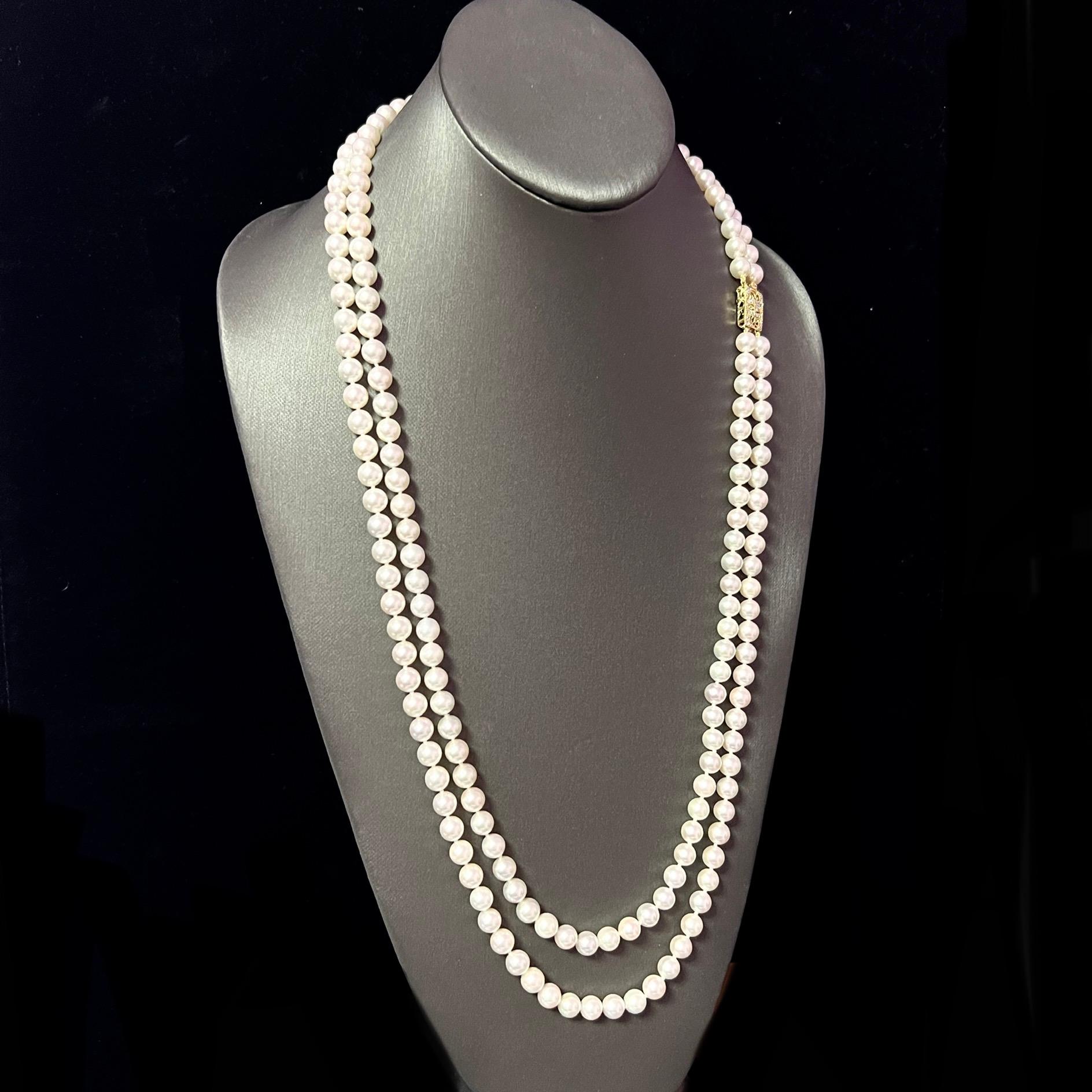 Akoya Pearl Diamond Double Stranded Necklace 14k Y Gold Certified For Sale 2