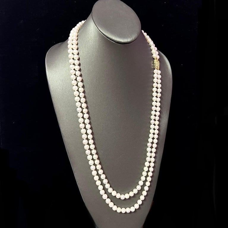 Akoya Pearl Diamond Double Stranded Necklace 14k Y Gold Certified For