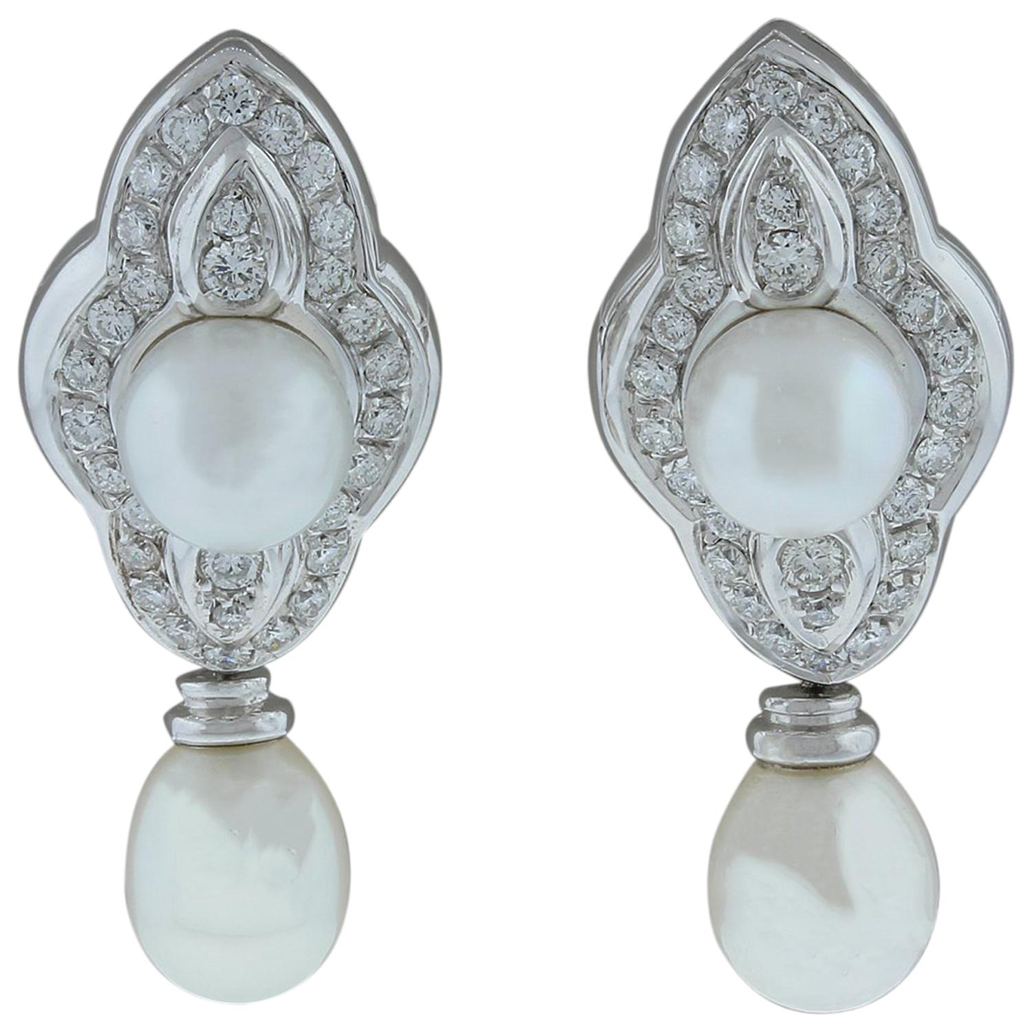 Akoya Pearl Diamond Gold Drop Earrings For Sale