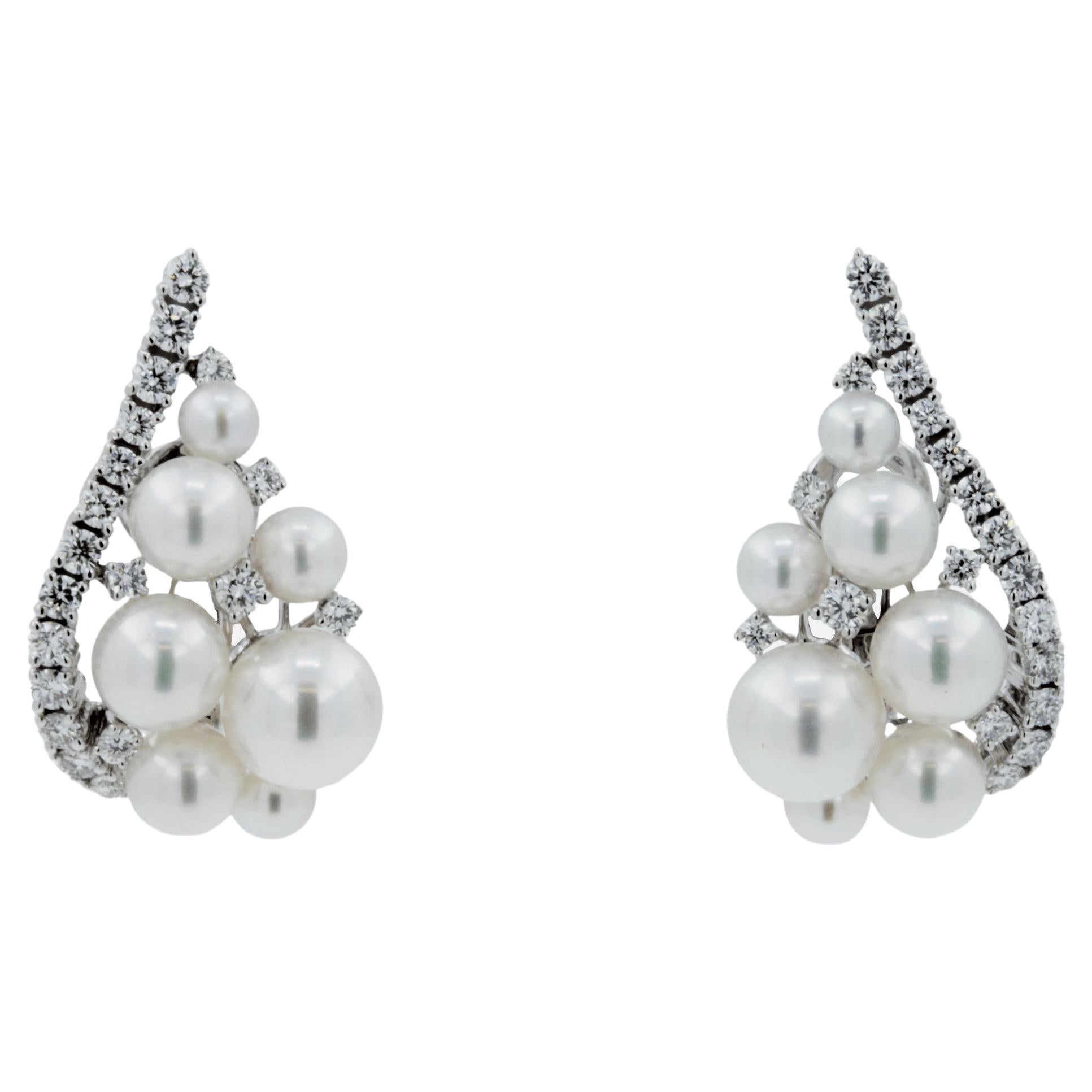 Aesthetic Movement Japanese White Akoya Pearl 18K White Gold Luxury Grapes Crown Diamond Earrings For Sale