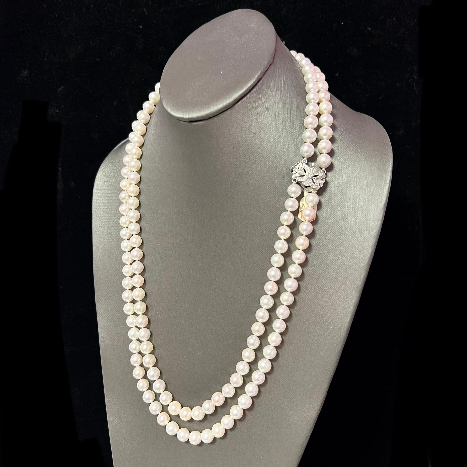 Ball Cut Akoya Pearl Diamond Necklace 14k W Gold Certified For Sale