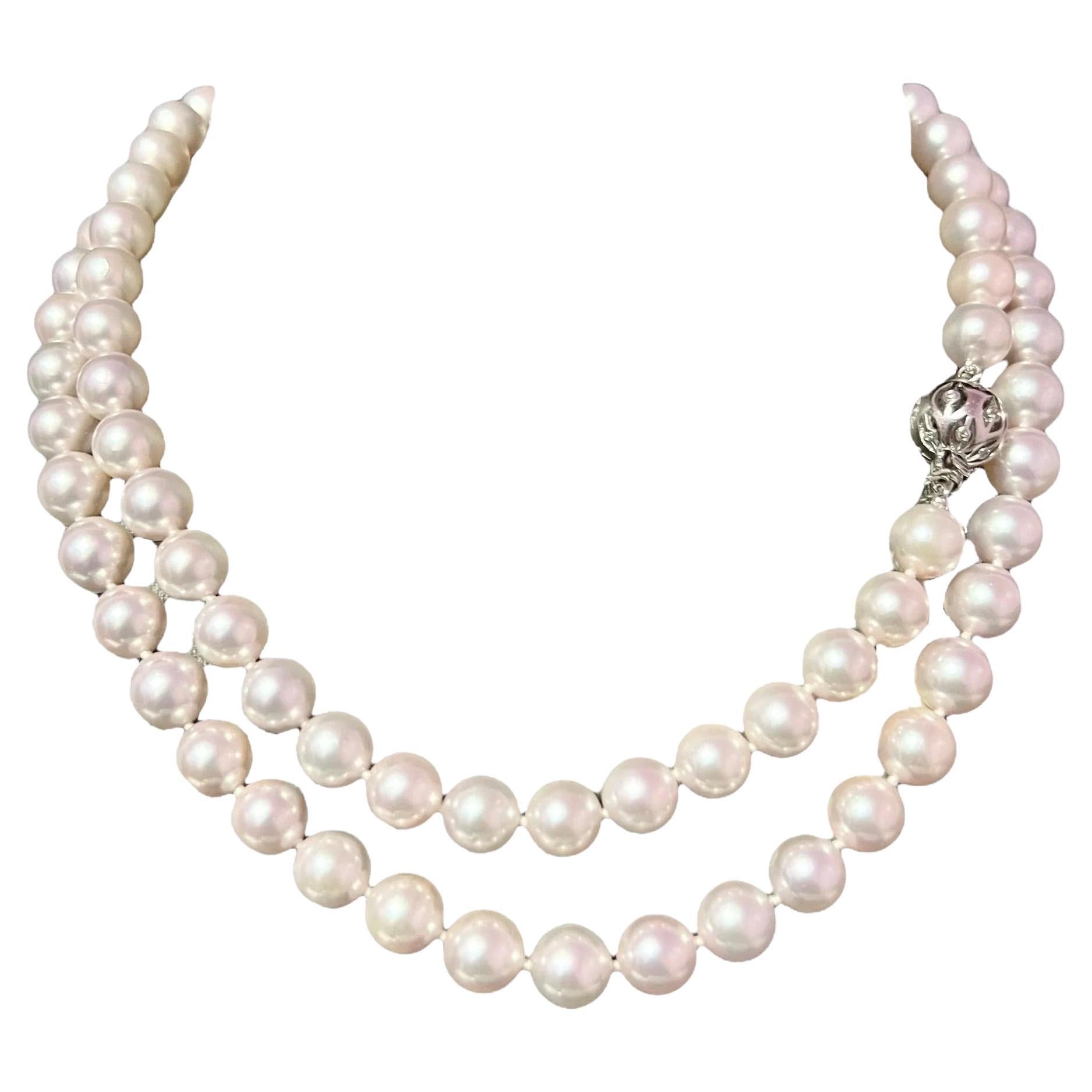 Akoya Pearl Diamond Necklace 30" 18k W Gold 8.50 mm Certified