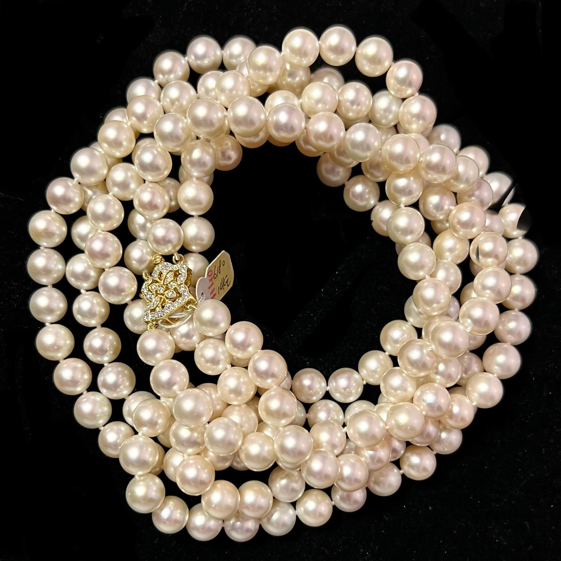 Collier de perles d'Akoya avec diamants en or 14k Y certifié Pour femmes en vente