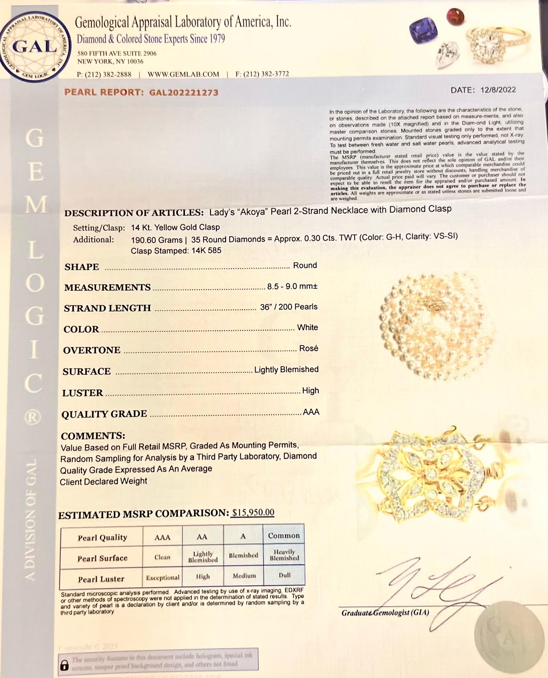 Collier de perles d'Akoya avec diamants en or 14k Y certifié en vente 3