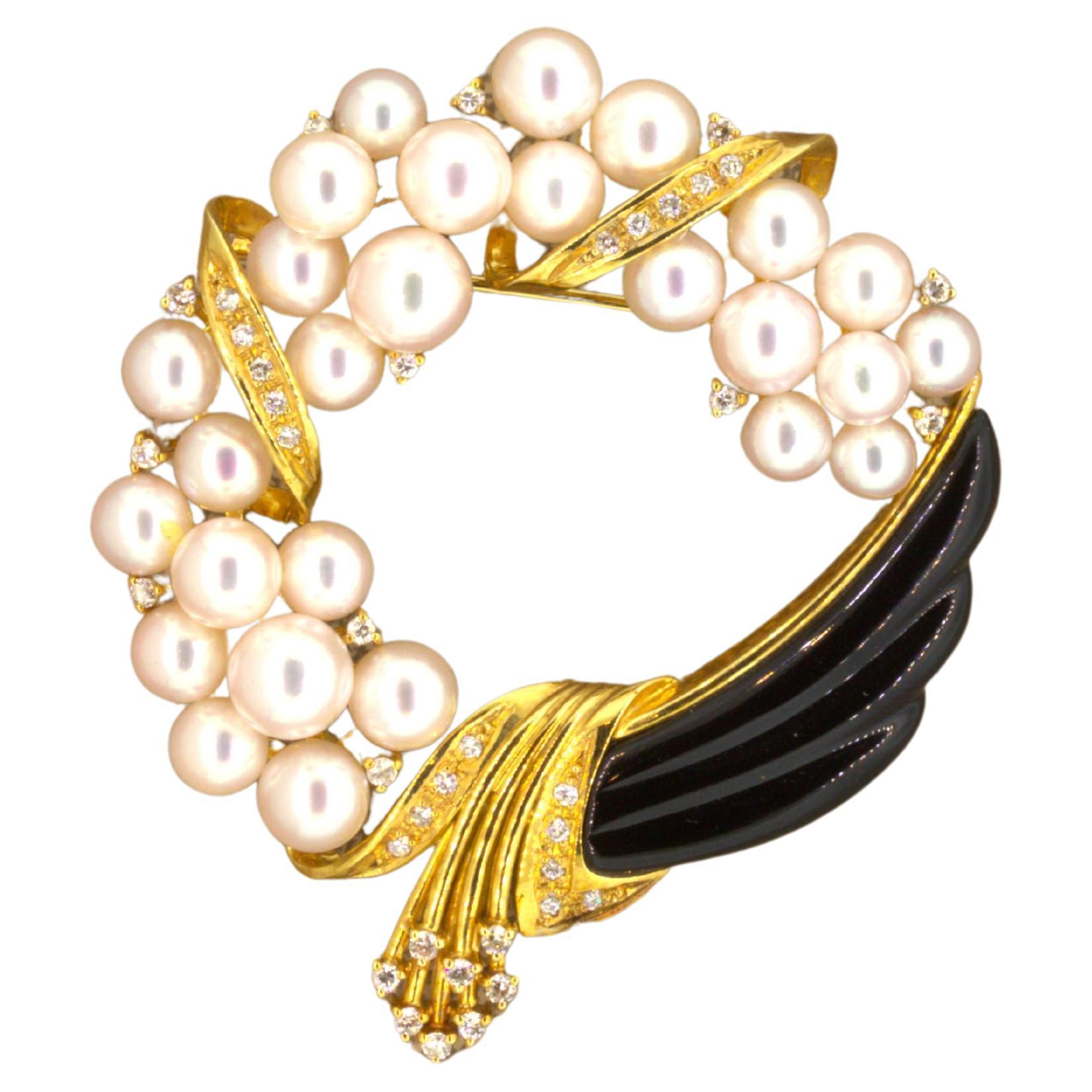 Akoya Pearl Diamond Onyx 18k Yellow Gold Wreath Brooch For Sale