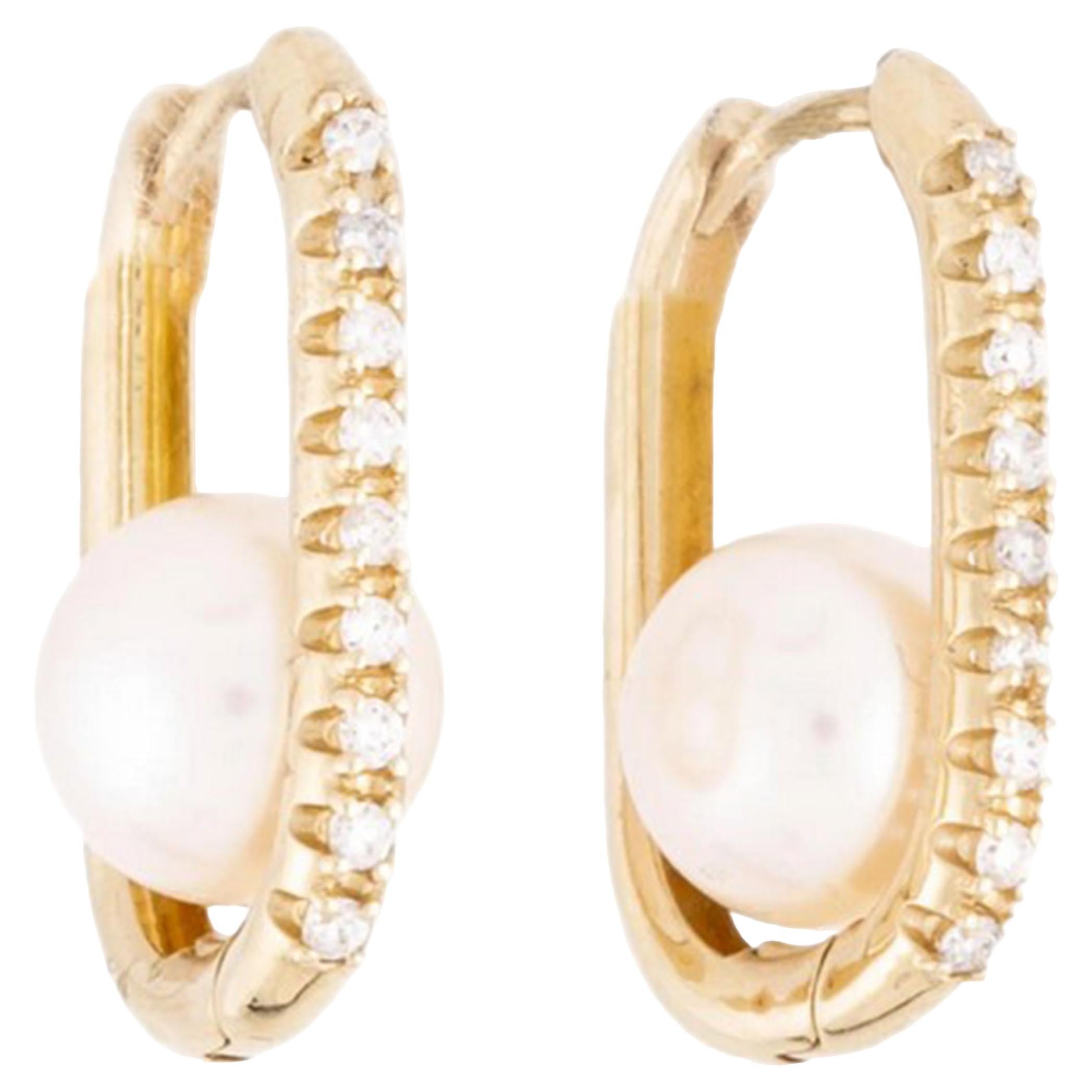 Akoya Pearl & Diamond Paper Clip Earrings 14k yellow gold  For Sale