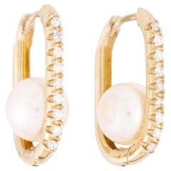 Used Akoya Pearl & Diamond Paper Clip Earrings 14k yellow gold 