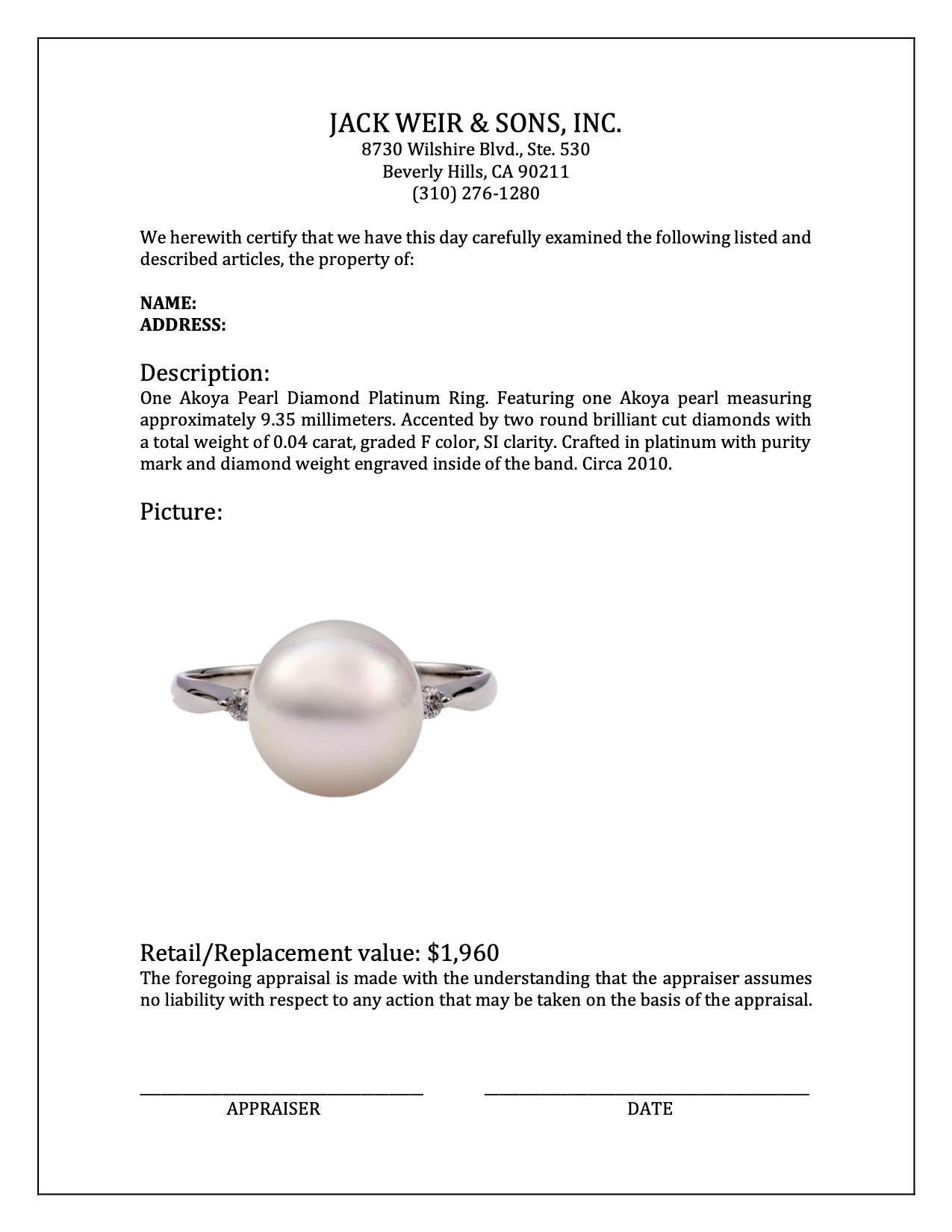 Akoya Pearl Diamond Platinum Ring For Sale 2