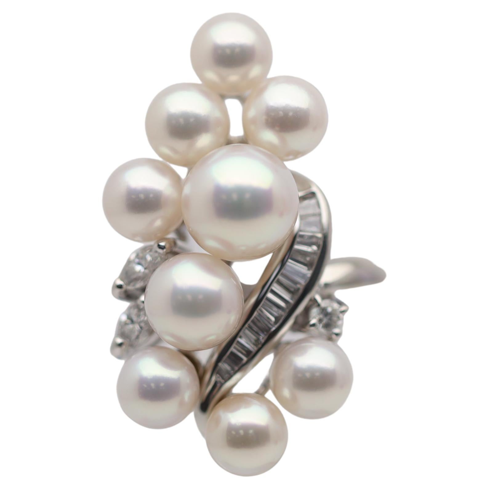 Akoya Pearl Diamond Platinum Ring For Sale