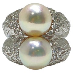 Akoya Pearl Diamond Ring in 18 Karat White Textured Gold