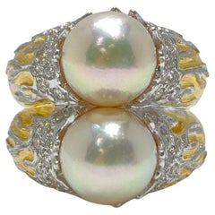Akoya Pearl Diamond Ring in 18 Karat Yellow Textured Gold