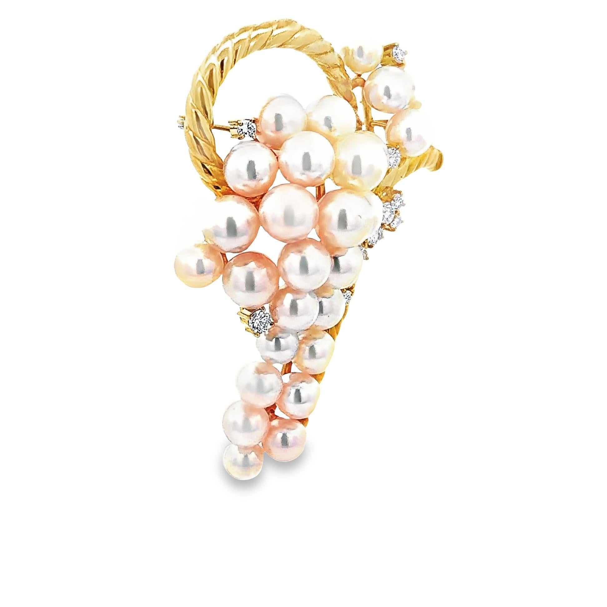 Round Cut Akoya Pearl Diamond Yellow Gold Ribbon Brooch For Sale