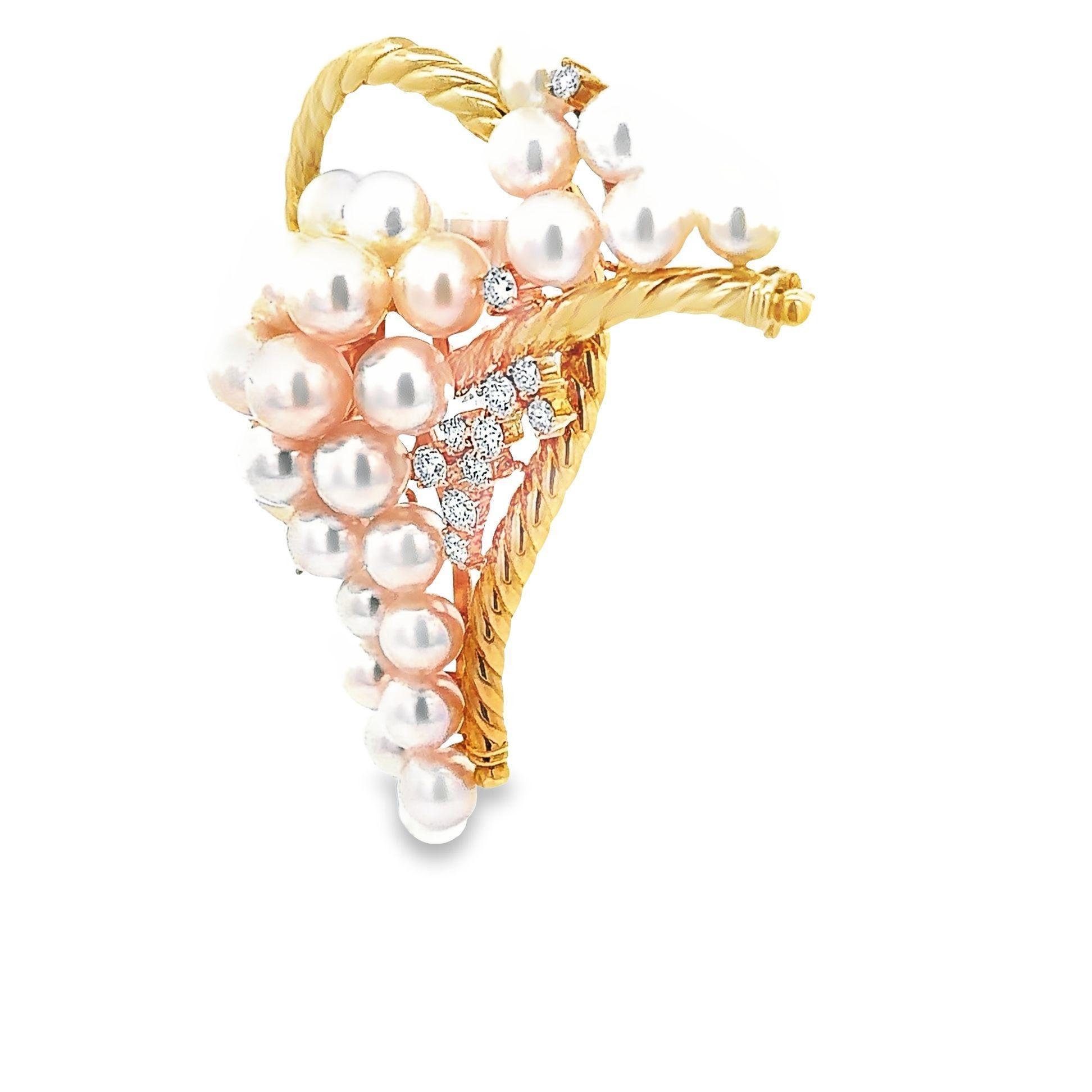 Akoya Pearl Diamond Yellow Gold Ribbon Brooch In New Condition For Sale In Beverly Hills, CA