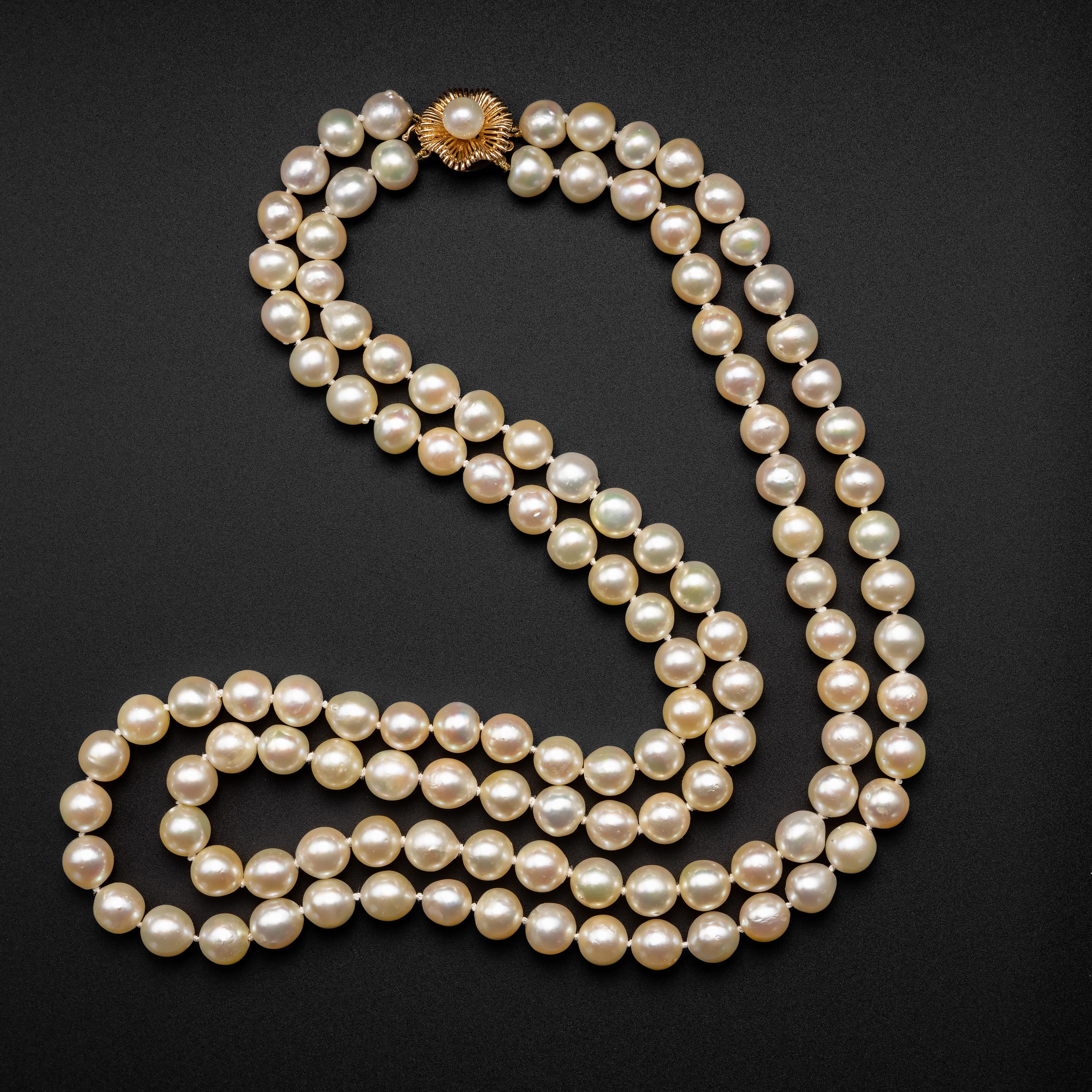 Spectacular in every way, this impossibly luxurious midcentury (circa 1970s) double-stand necklace is composed of 118 cultured Akoya pearls. The spectacular vintage pearls are huge —9.5 -10mm— and slightly off-round. They have high luster and