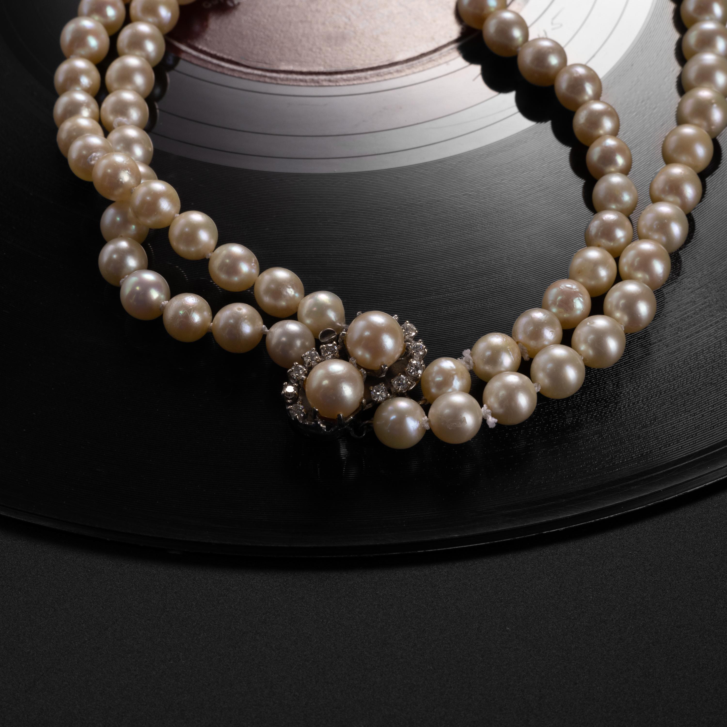 Retro Akoya Pearl Double Strand Necklace with Diamond Clasp Circa 1950s 25