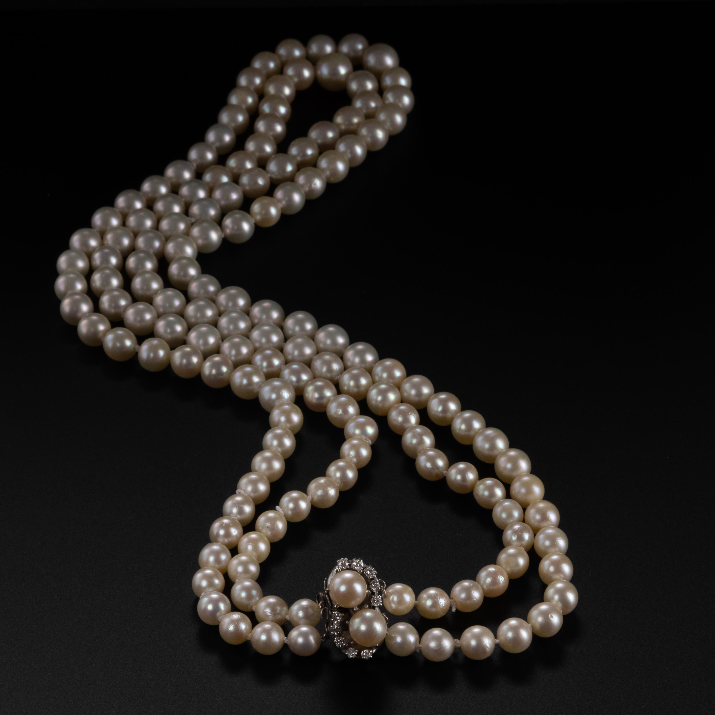 Bead Akoya Pearl Double Strand Necklace with Diamond Clasp Circa 1950s 25