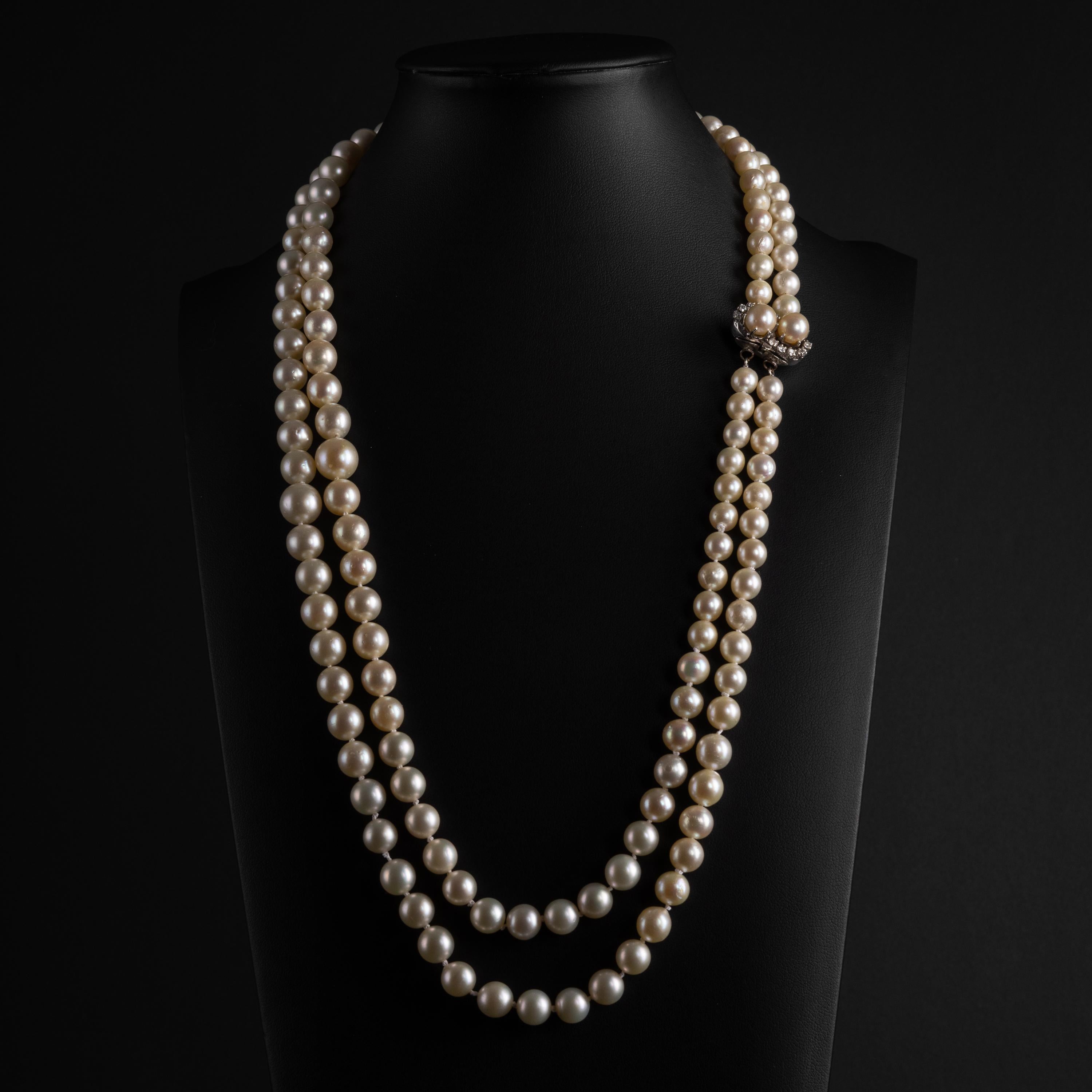 Women's or Men's Akoya Pearl Double Strand Necklace with Diamond Clasp Circa 1950s 25