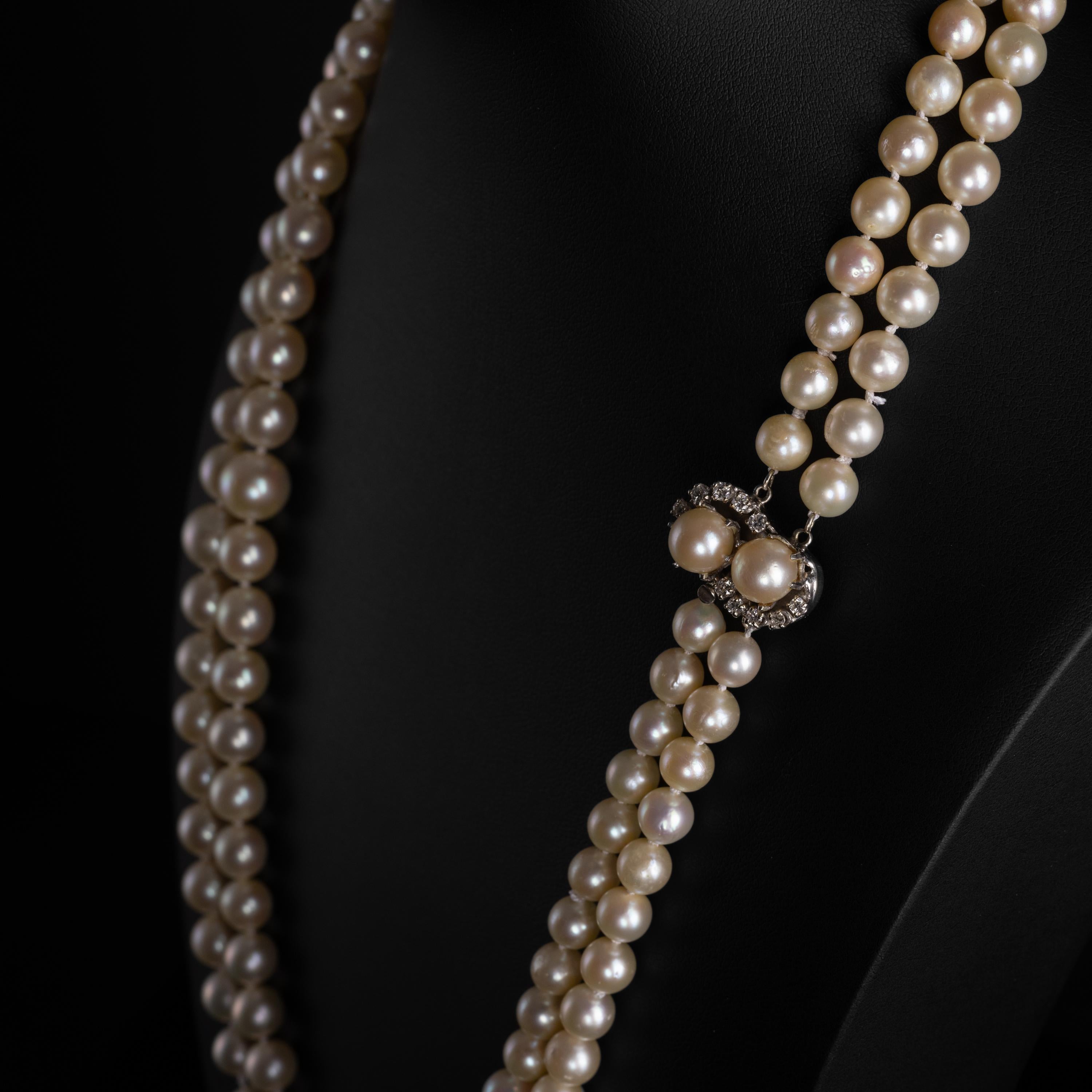 Akoya Pearl Double Strand Necklace with Diamond Clasp Circa 1950s 25