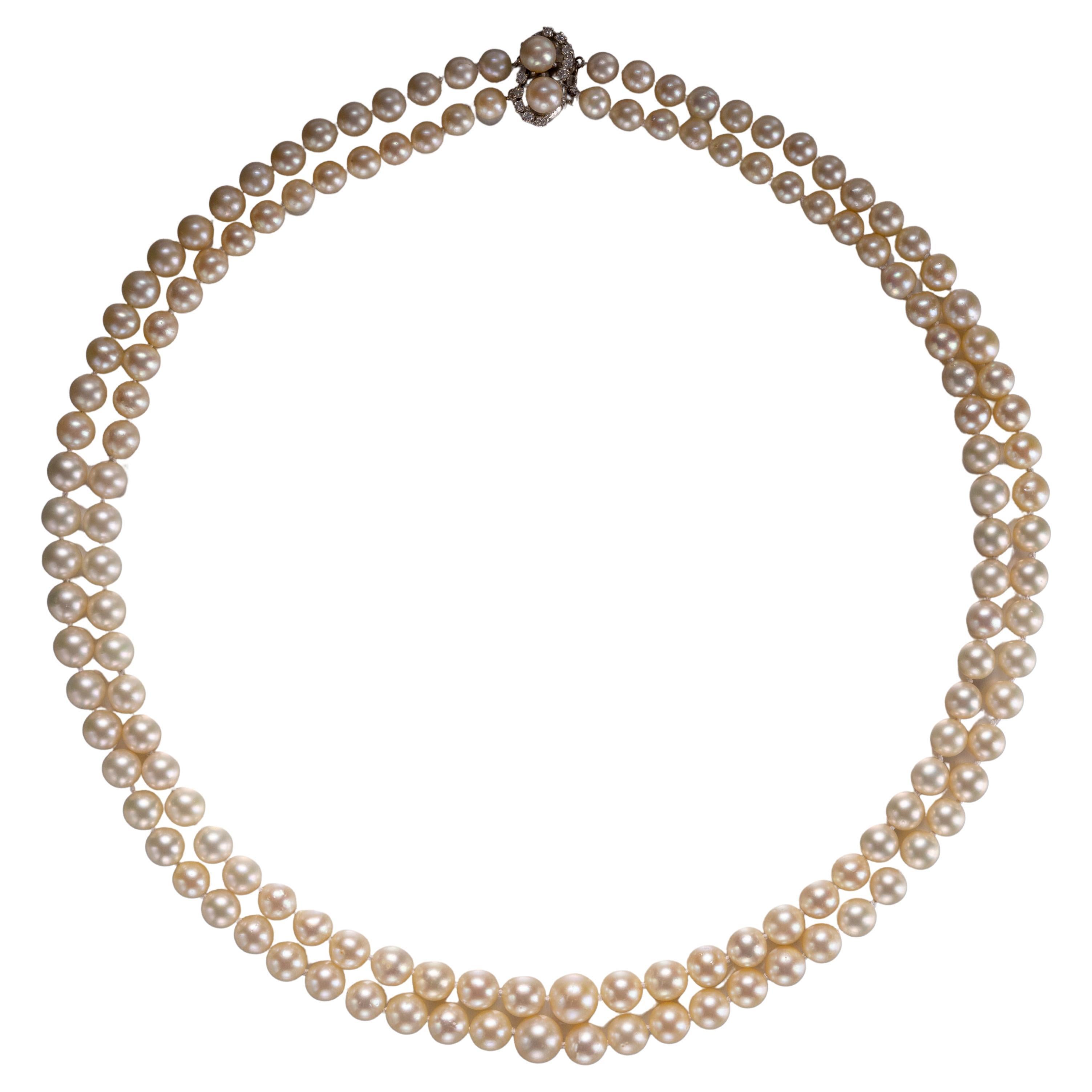 Akoya Pearl Double Strand Necklace with Diamond Clasp Circa 1950s 25"