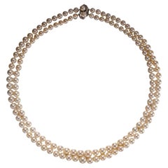 Akoya Pearl Double Strand Necklace with Diamond Clasp Circa 1950s 25"