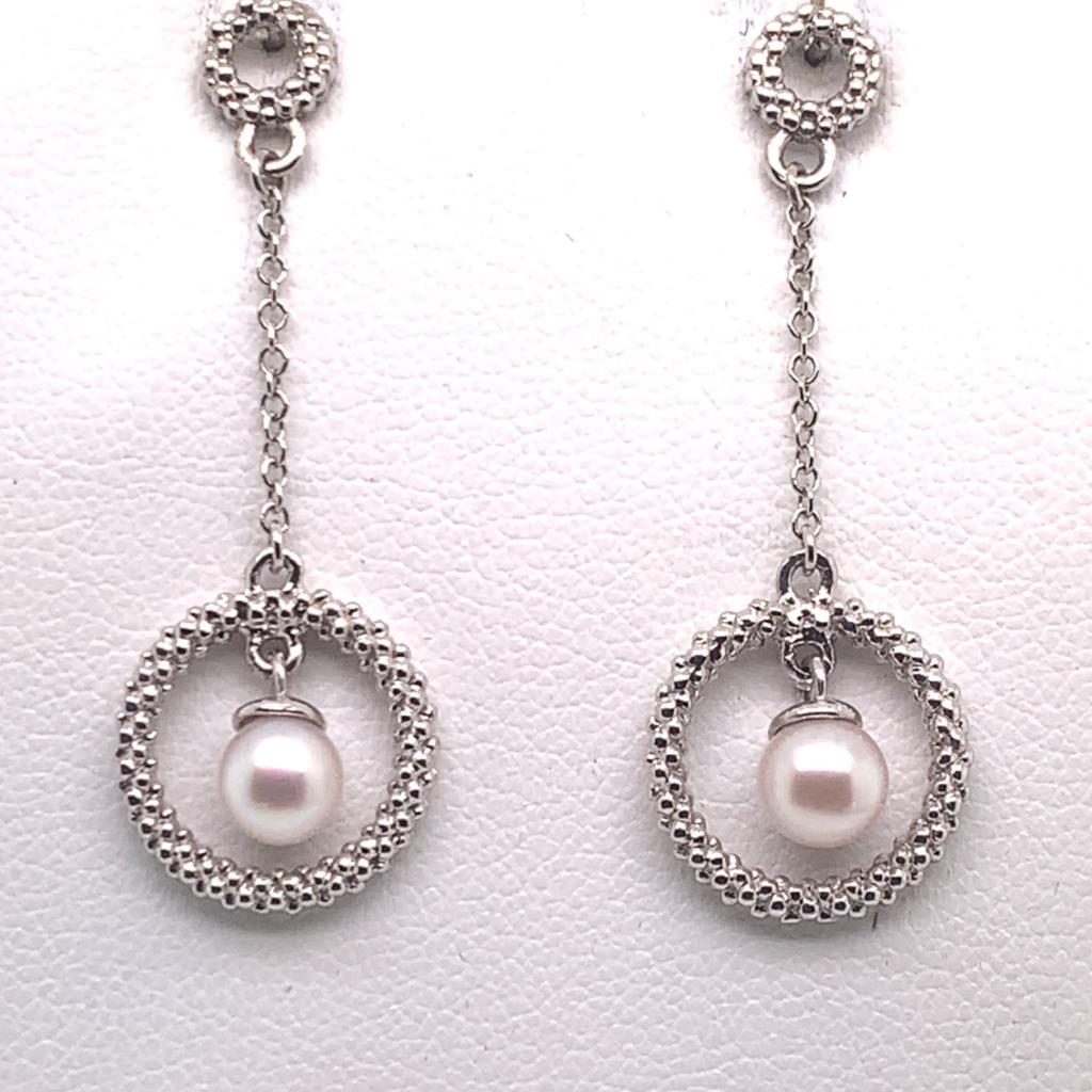 Round Cut Akoya Pearl Earrings 14 Karat White Gold Certified For Sale