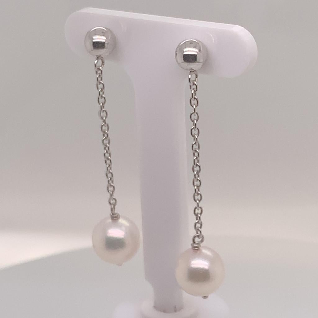 Round Cut Akoya Pearl Earrings 14 Karat White Gold Certified For Sale