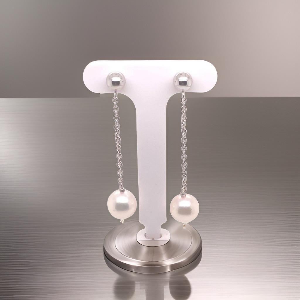 Round Cut Akoya Pearl Earrings 14 Karat White Gold Certified For Sale