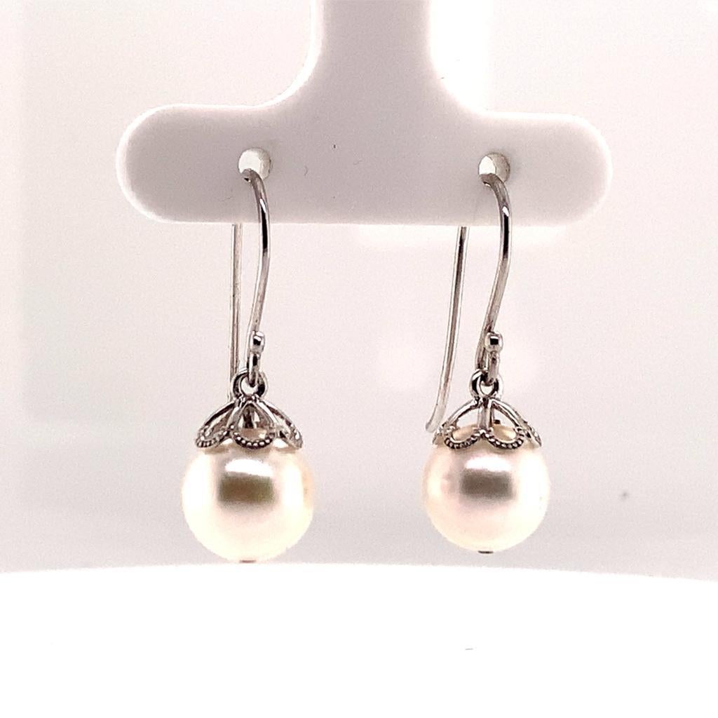 Round Cut Akoya Pearl Earrings 14 Kt White Gold Certified For Sale