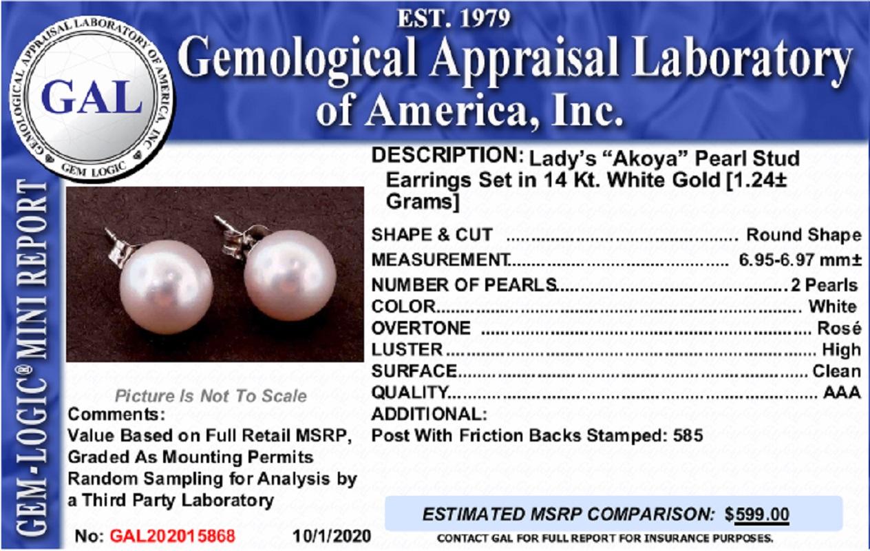 Akoya-Perlen-Ohrringe 14k Weißgold 6,97 mm zertifiziert im Angebot 7