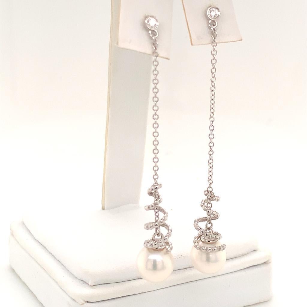 Round Cut Akoya Pearl Earrings 14k White Gold Certified For Sale