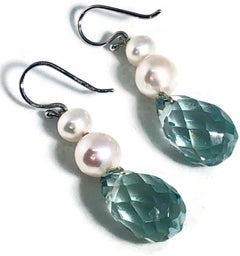 Akoya Pearl Earrings With Faceted Blue Topaz Briolettes and 18k Gold Earwires