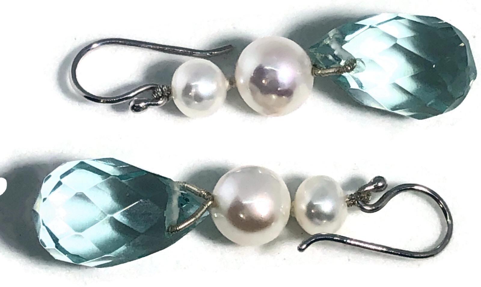 Contemporary Akoya Pearl Earrings With Faceted Blue Topaz Briolettes and 18k Gold Earwires For Sale
