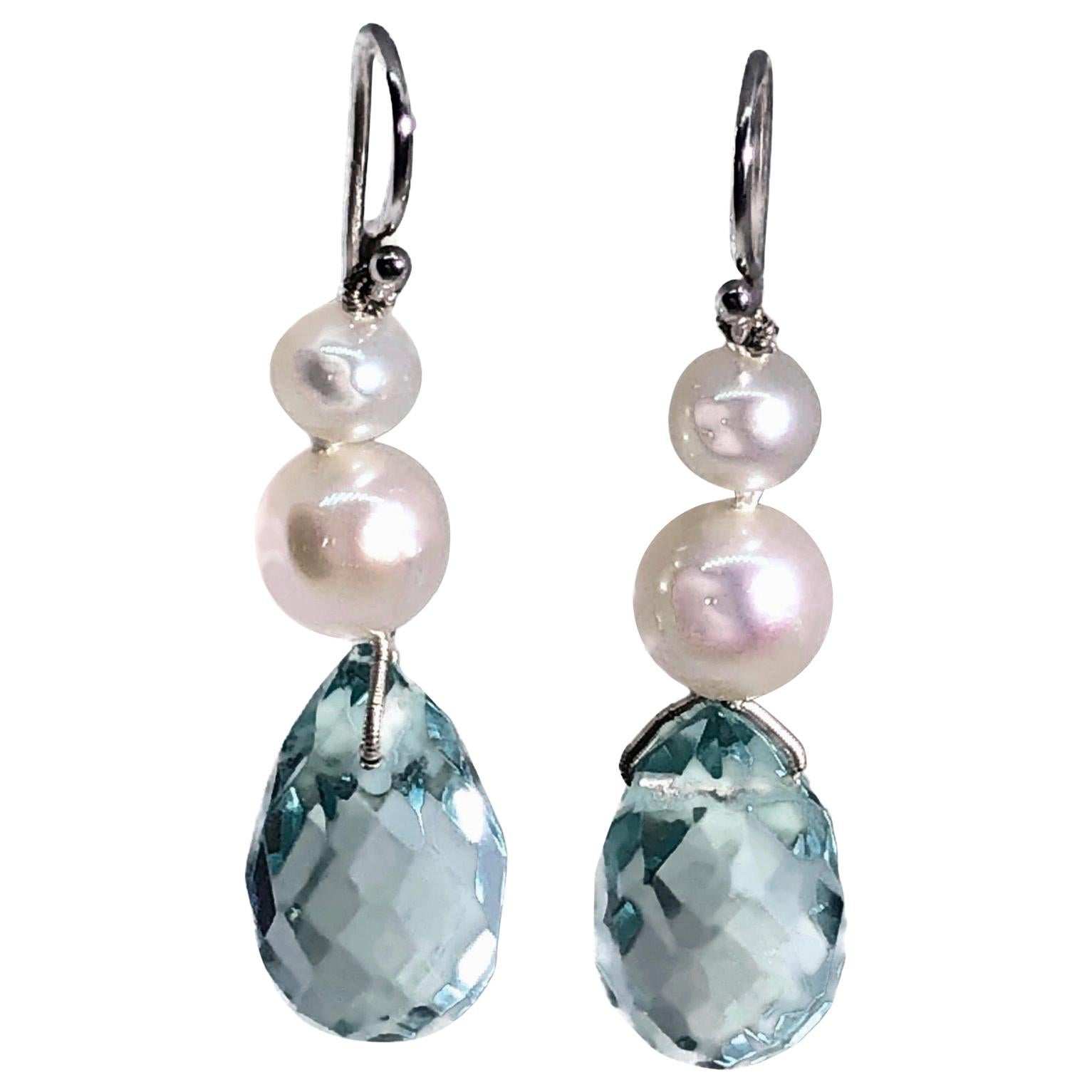 Akoya Pearl Earrings With Faceted Blue Topaz Briolettes and 18k Gold Earwires For Sale