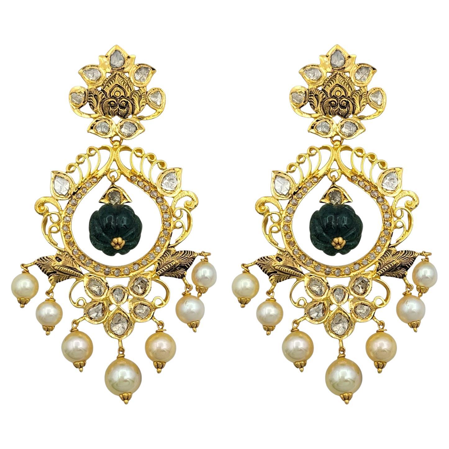 Akoya Pearl, Emerald and Diamond Chandelier Earrings in 22 Karat Yellow Gold