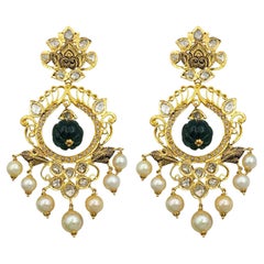 Akoya Pearl, Emerald and Diamond Chandelier Earrings in 22 Karat Yellow Gold