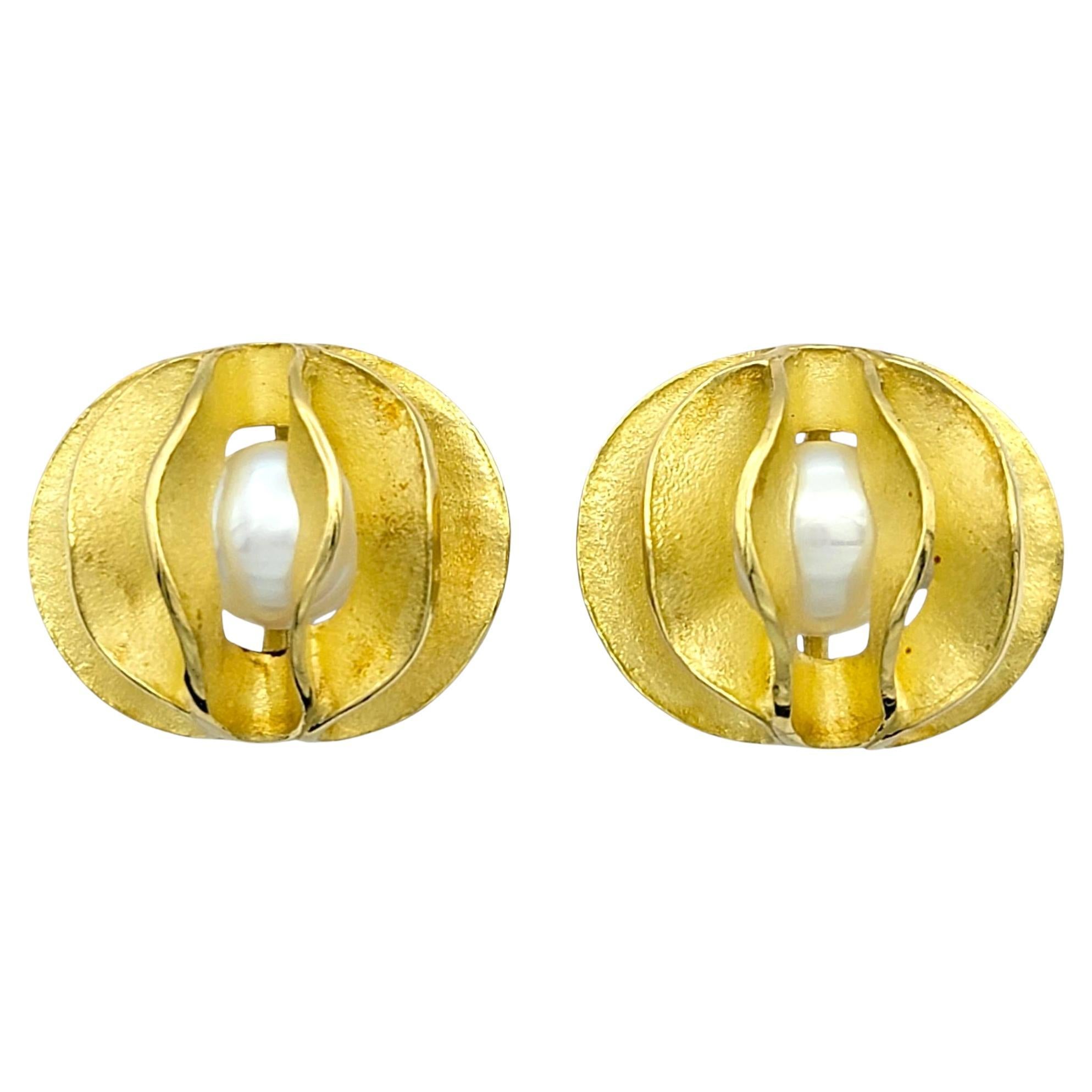 Akoya Pearl Modernist Stud Earrings in Sandblast Finish 18 Karat Yellow Gold