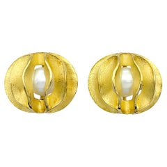 Akoya Pearl Modernist Stud Earrings in Sandblast Finish 18 Karat Yellow Gold